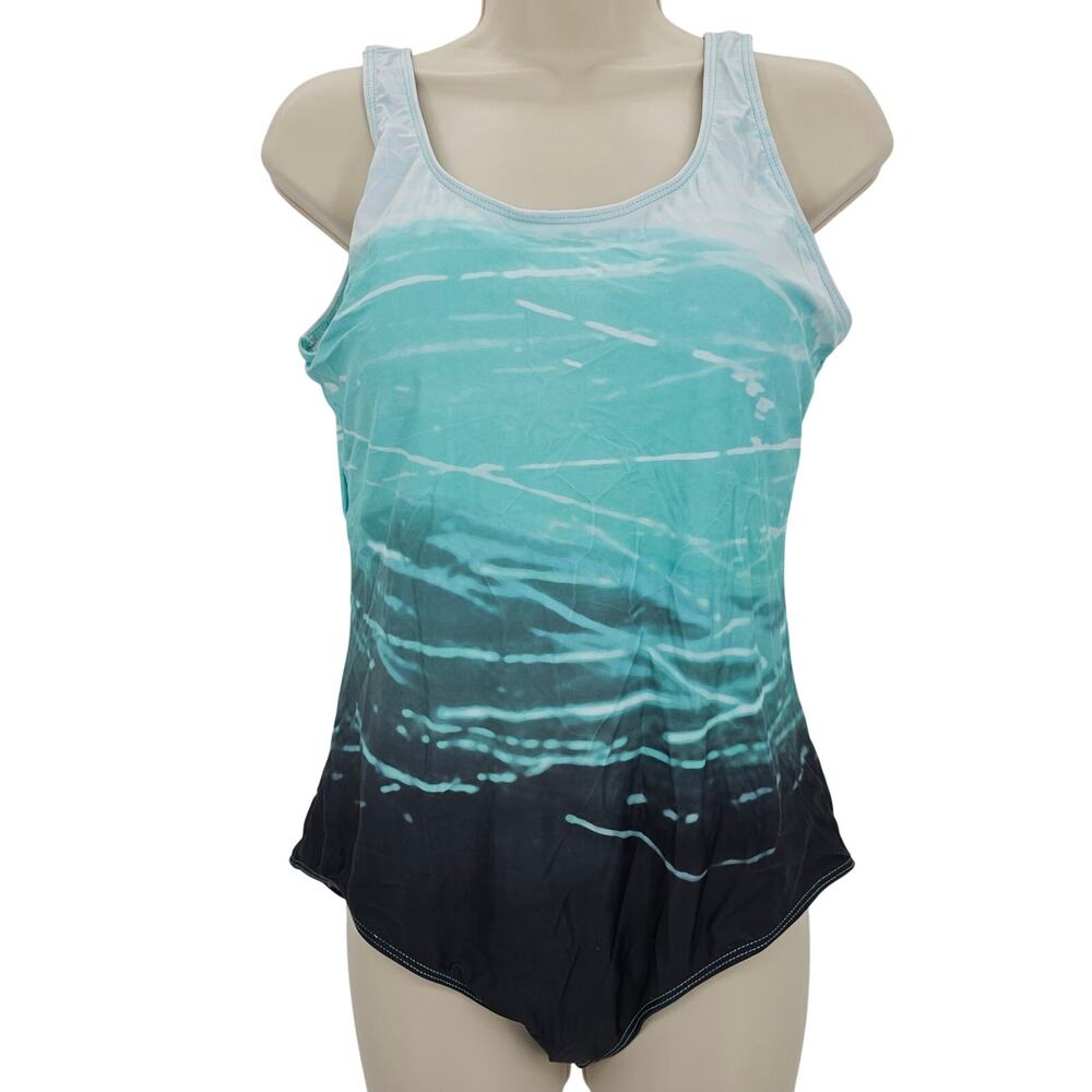 Zando Womans size XL Geo Print Criss Cross Back One Piece Swimsuit Green NWOT